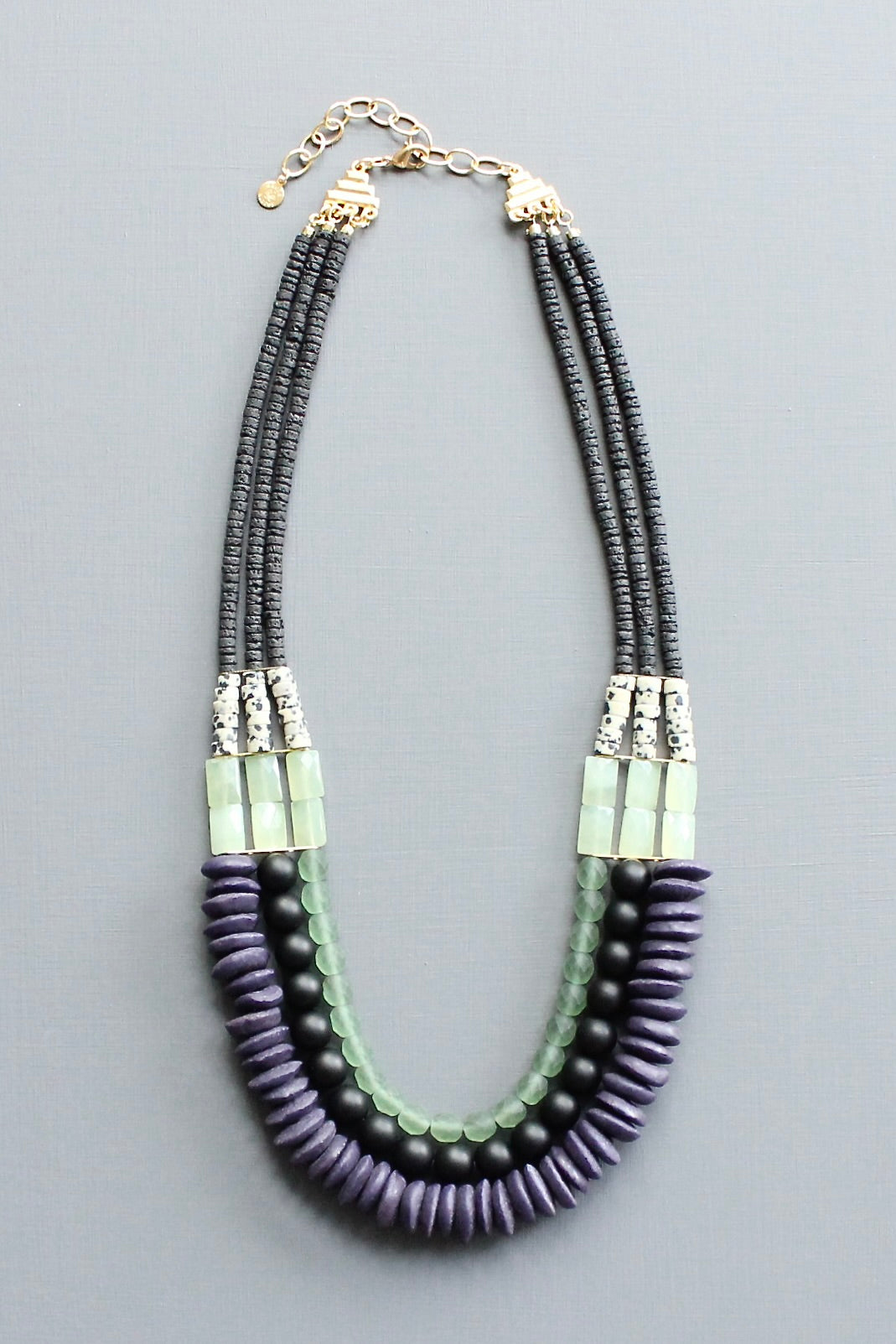 LEX621 Triple strand purple and green necklace