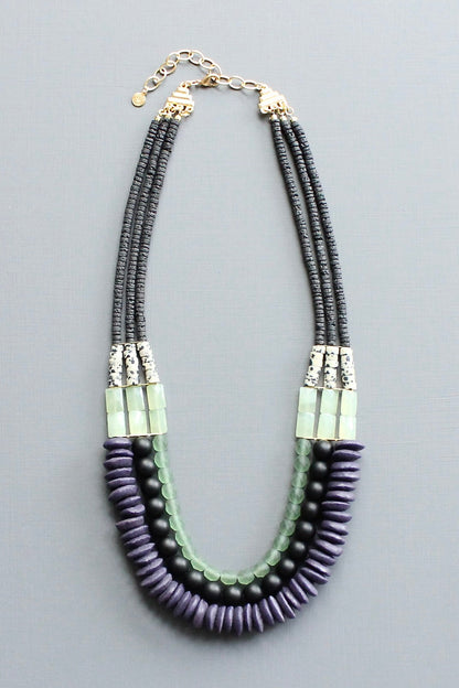 LEX621 Triple strand purple and green necklace
