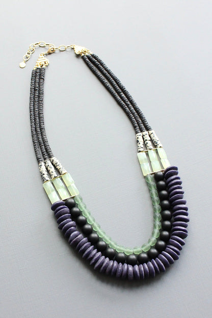LEX621 Triple strand purple and green necklace