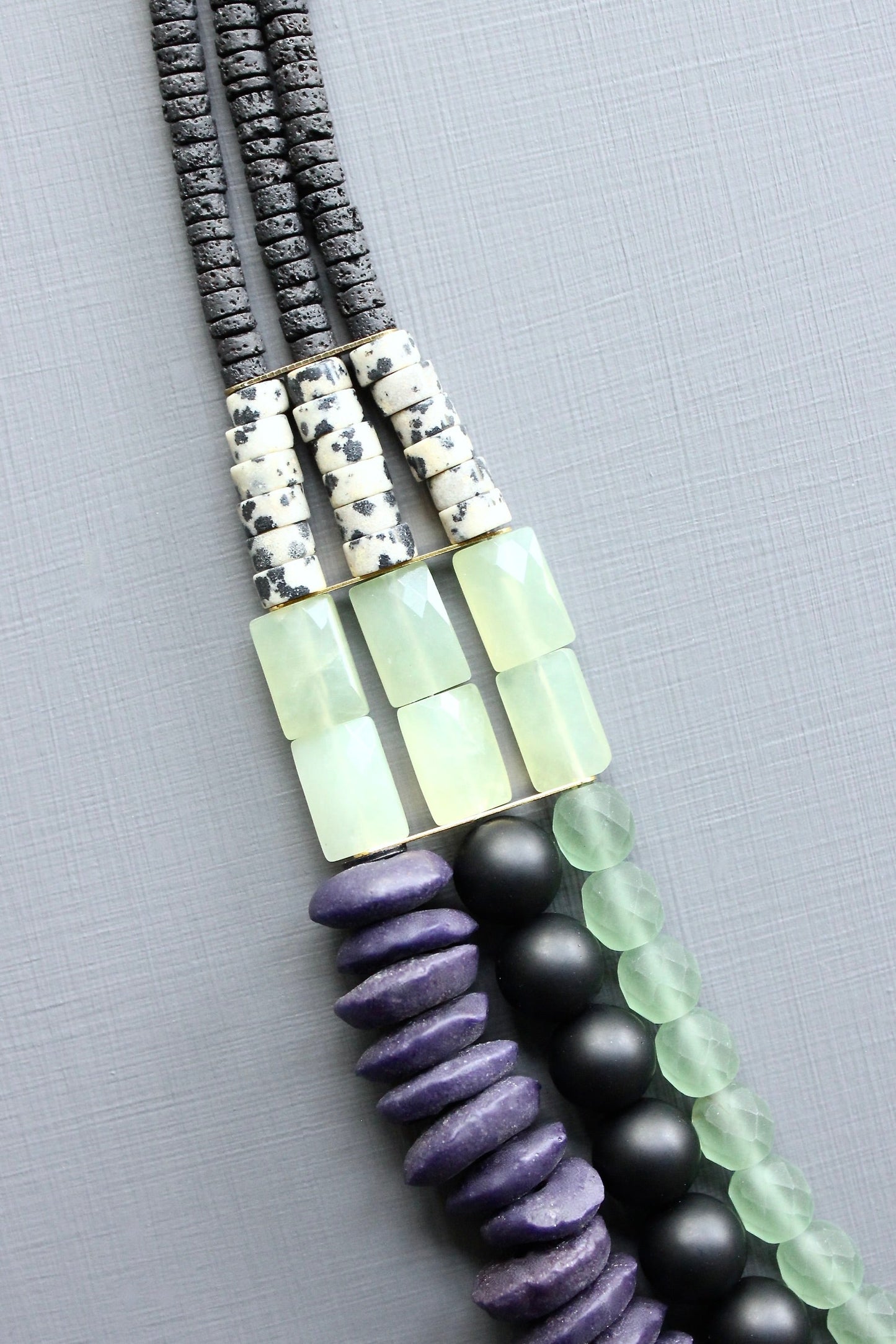 LEX621 Triple strand purple and green necklace
