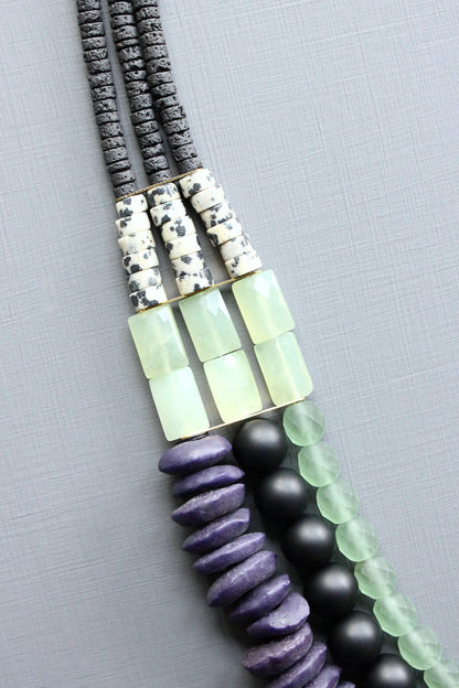 LEX621 Triple strand purple and green necklace