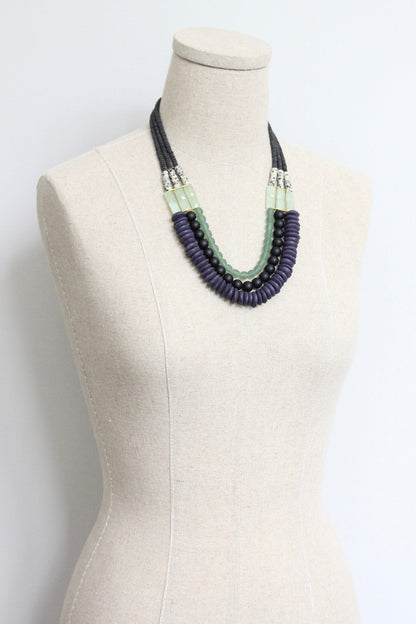 LEX621 Triple strand purple and green necklace