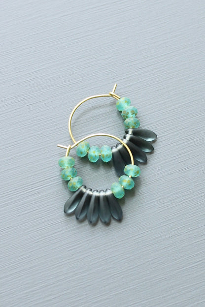 LEXE01 Blue Montana glass fringe mini hoop earrings