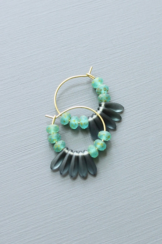 LEXE01 Blue Montana glass fringe mini hoop earrings