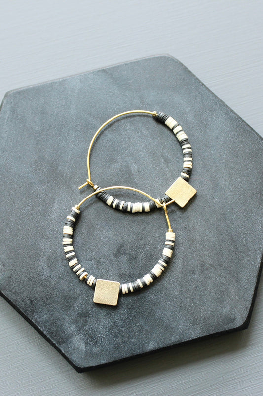 LEXE06 Black and white vulcanite hoop earrings