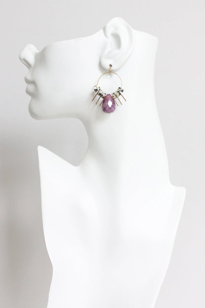 LEXE09 Purple and Dalmatian jasper geometric hoop earrings