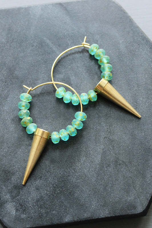 LEXE12 Aqua and spike mini hoop earrings