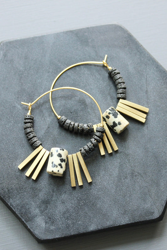 LEXE13 Lava bead and Dalmatian jasper hoop earrings