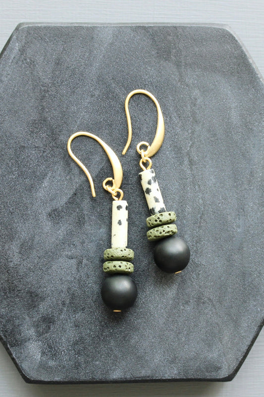 LEXE16 Dalmatian jasper and lava rock earrings