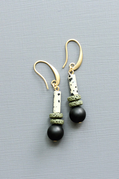 LEXE16 Dalmatian jasper and lava rock earrings