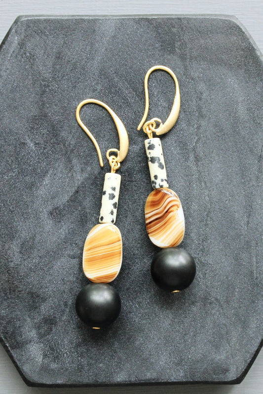 LEXE30 Dalmatian jasper and jet earrings