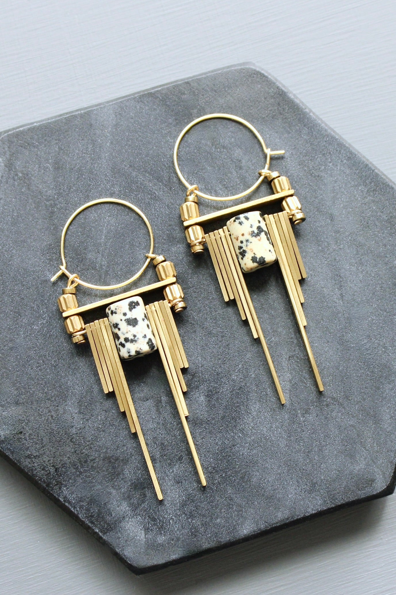 LEXE34 ArtDeco Dalmatian jasper hoop earrings
