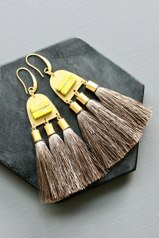 LEXE55 Green jasper and taupe tassel earrings