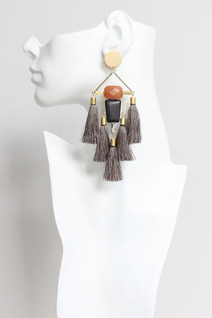 LEXE62 Carnelian jade and black shoulder duster tassel earrings