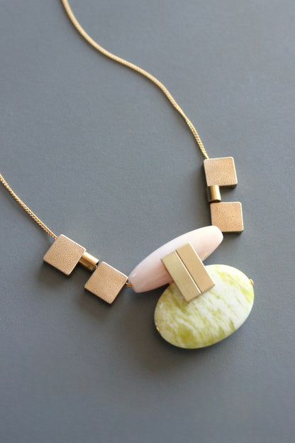 MLN1016 Pink jade and lemon quartz Artdeco  necklace