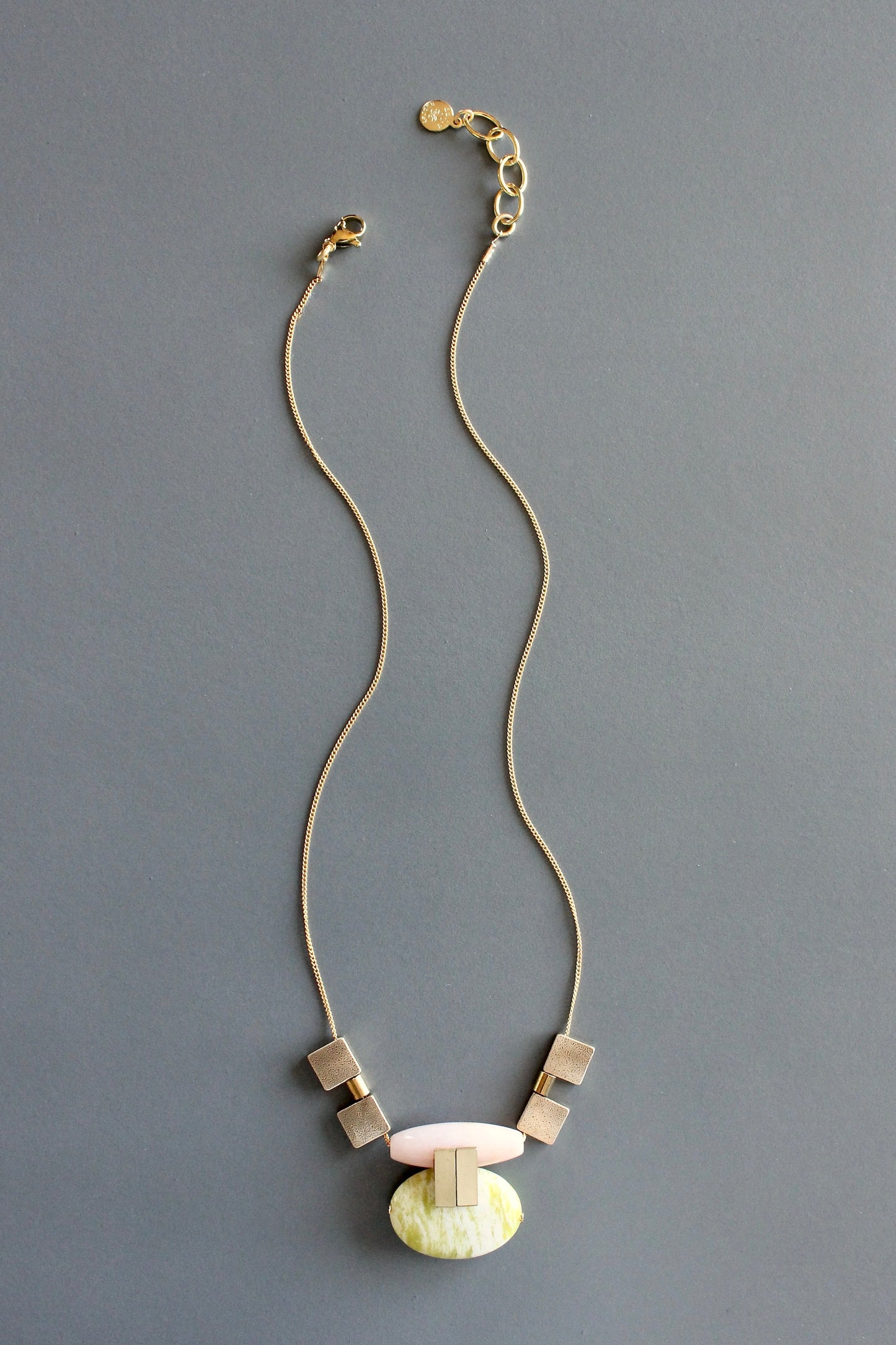 MLN1016 Pink jade and lemon quartz Artdeco  necklace