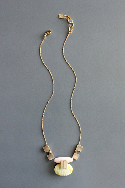 MLN1016 Pink jade and lemon quartz Artdeco  necklace