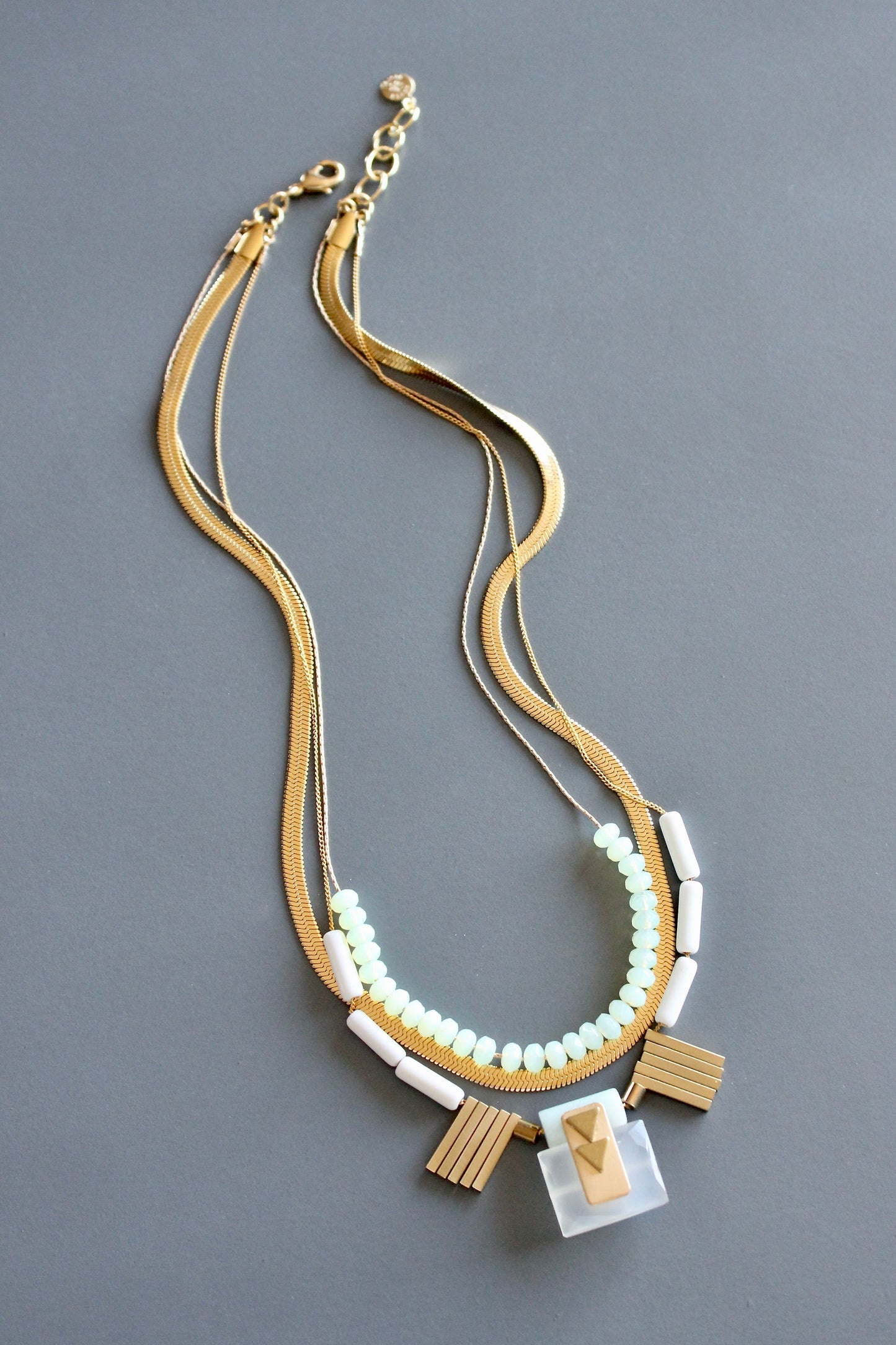 MLN117 Triple strand chalcedony and snake chain Artdeco necklace