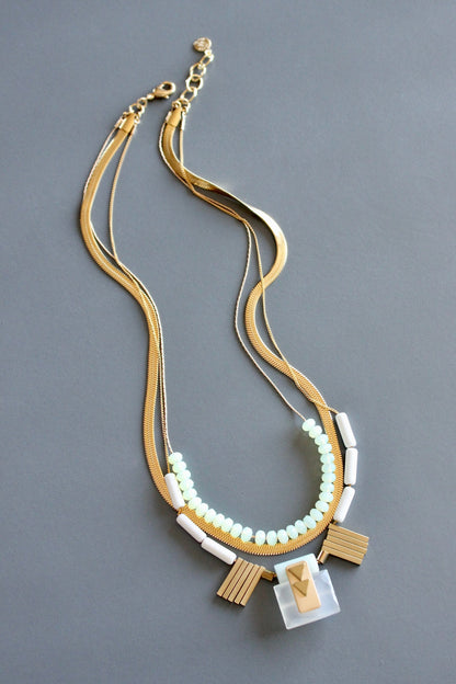 MLN117 Triple strand chalcedony and snake chain Artdeco necklace