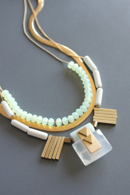 MLN117 Triple strand chalcedony and snake chain Artdeco necklace