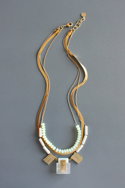 MLN117 Triple strand chalcedony and snake chain Artdeco necklace