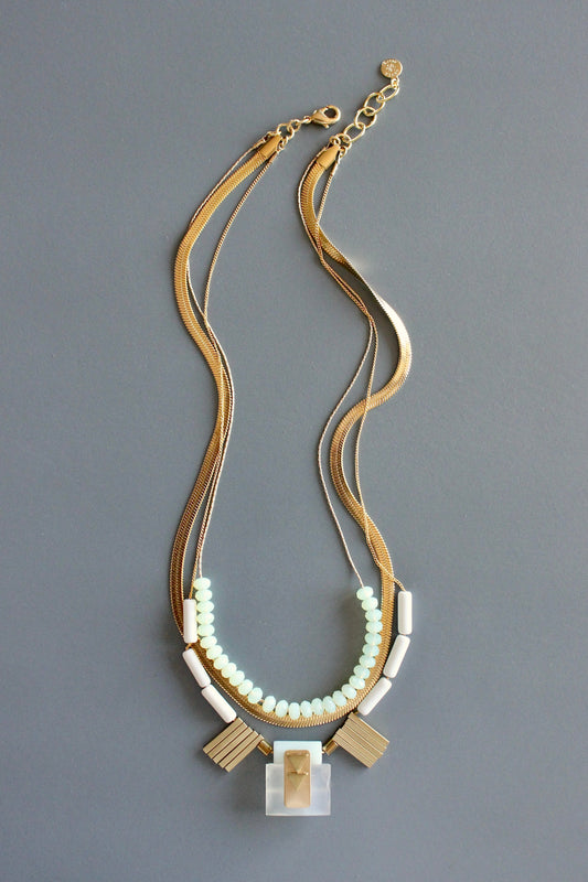 MLN117 Triple strand chalcedony and snake chain Artdeco necklace
