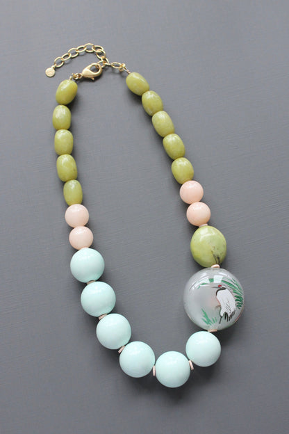 MLN118 Chunky necklace with Chinese reverse painted glass bead with red-crowned crane