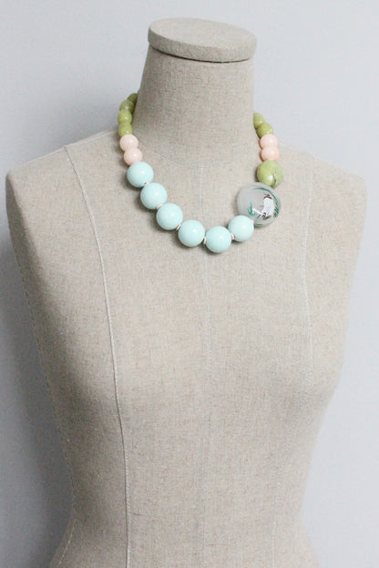 MLN118 Chunky necklace with Chinese reverse painted glass bead with red-crowned crane