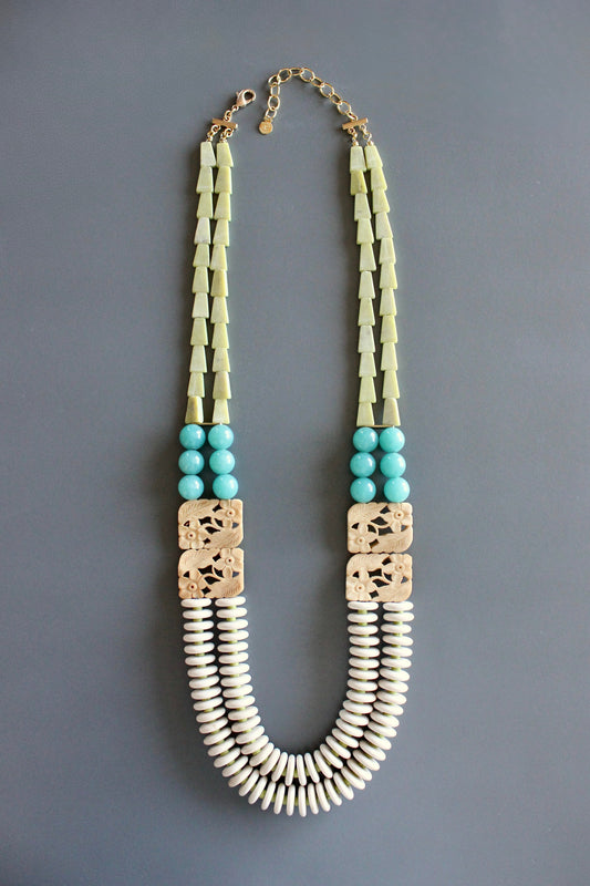 MLN126 Double strand carved buffalo bone and jasper long necklace