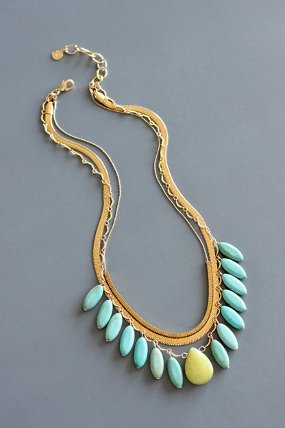 MLN2016 Triple strand turquoise and snake chain necklace