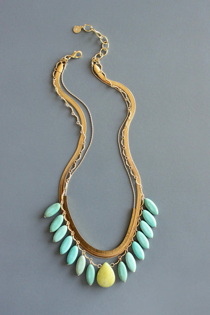 MLN2016 Triple strand turquoise and snake chain necklace