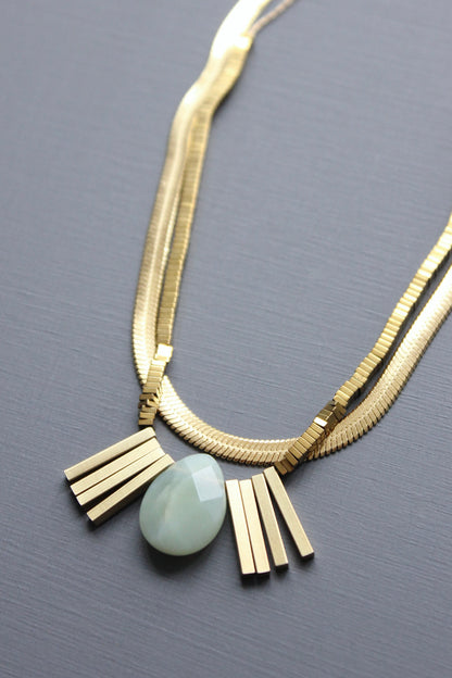 MLN216 Double strand snake chain and jade pendant Artdeco necklace