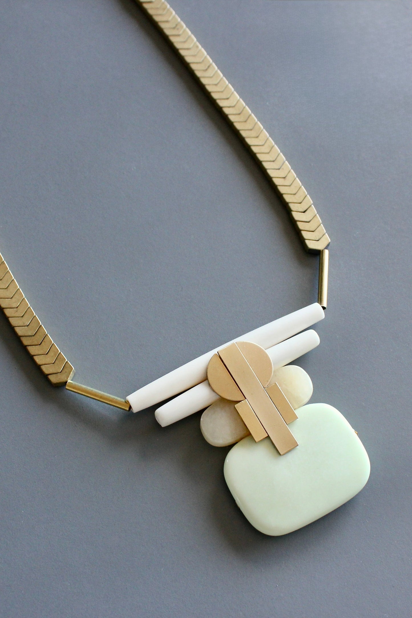 MLN220 Celadon and yellow jade Artdeco pendant necklace