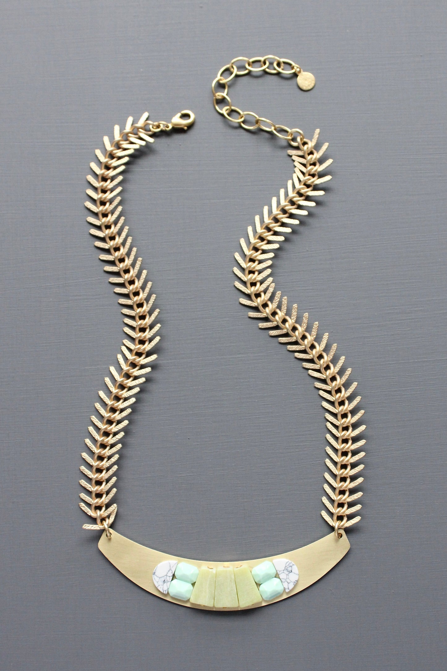 MLN316 Geometric bib Artdeco necklace with fishbone chain