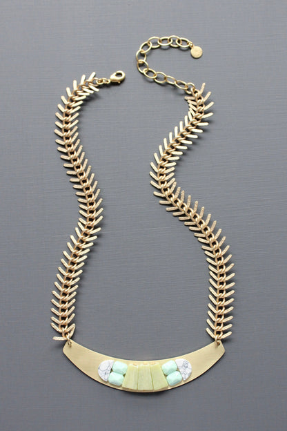MLN316 Geometric bib Artdeco necklace with fishbone chain