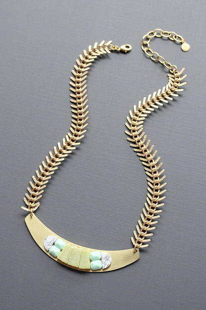 MLN316 Geometric bib Artdeco necklace with fishbone chain
