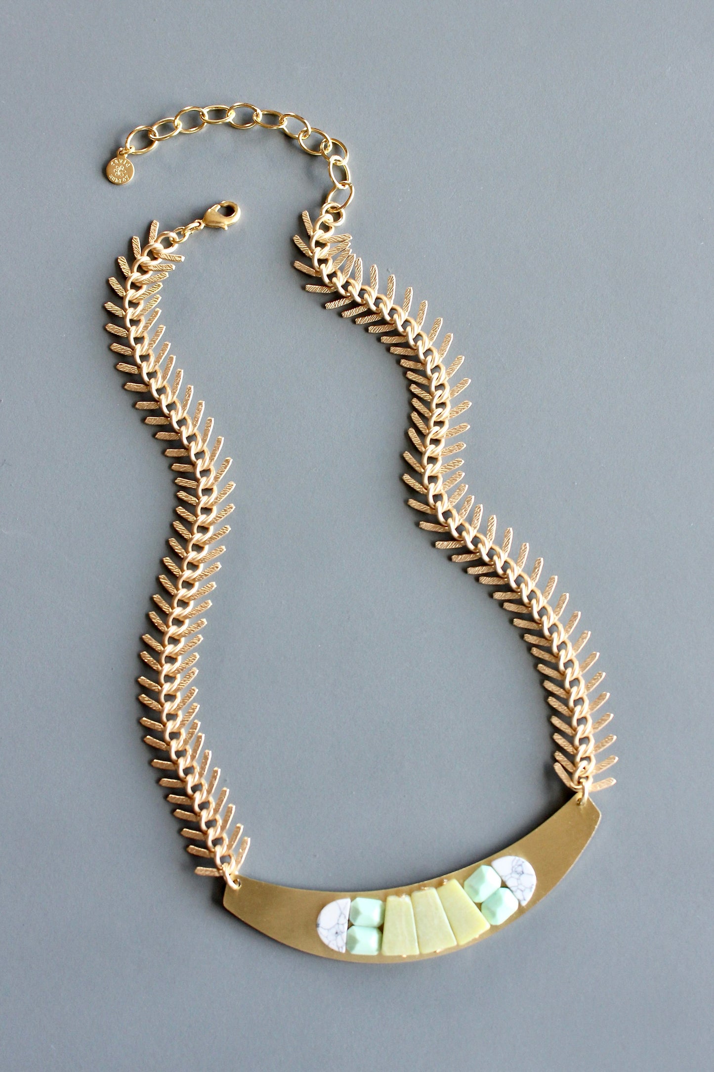 MLN316 Geometric bib Artdeco necklace with fishbone chain