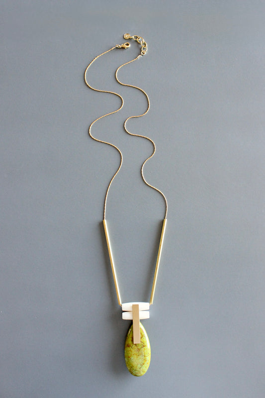 MLN328 Green jasper and brass Artdeco necklace
