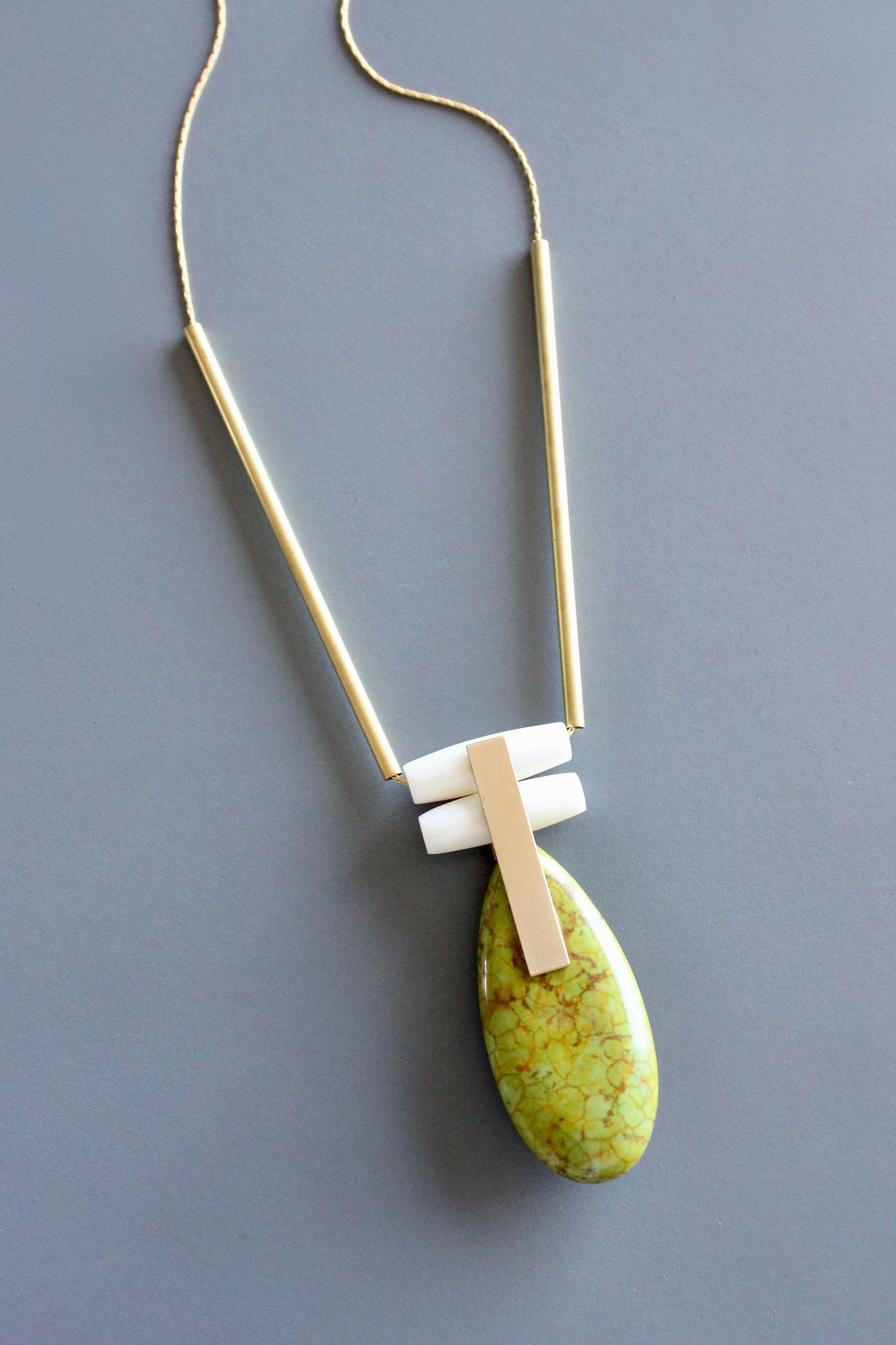 MLN328 Green jasper and brass Artdeco necklace