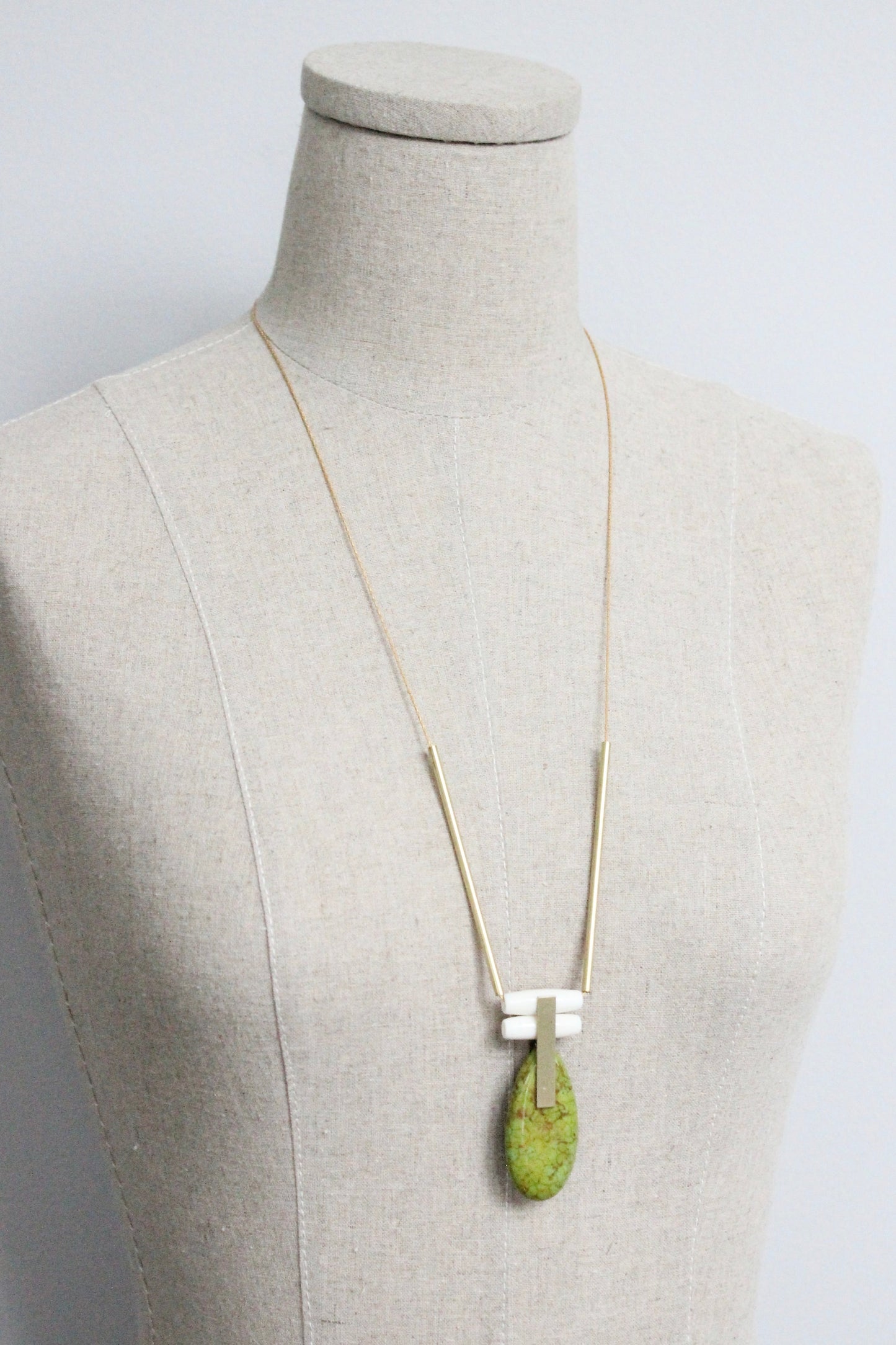 MLN328 Green jasper and brass Artdeco necklace