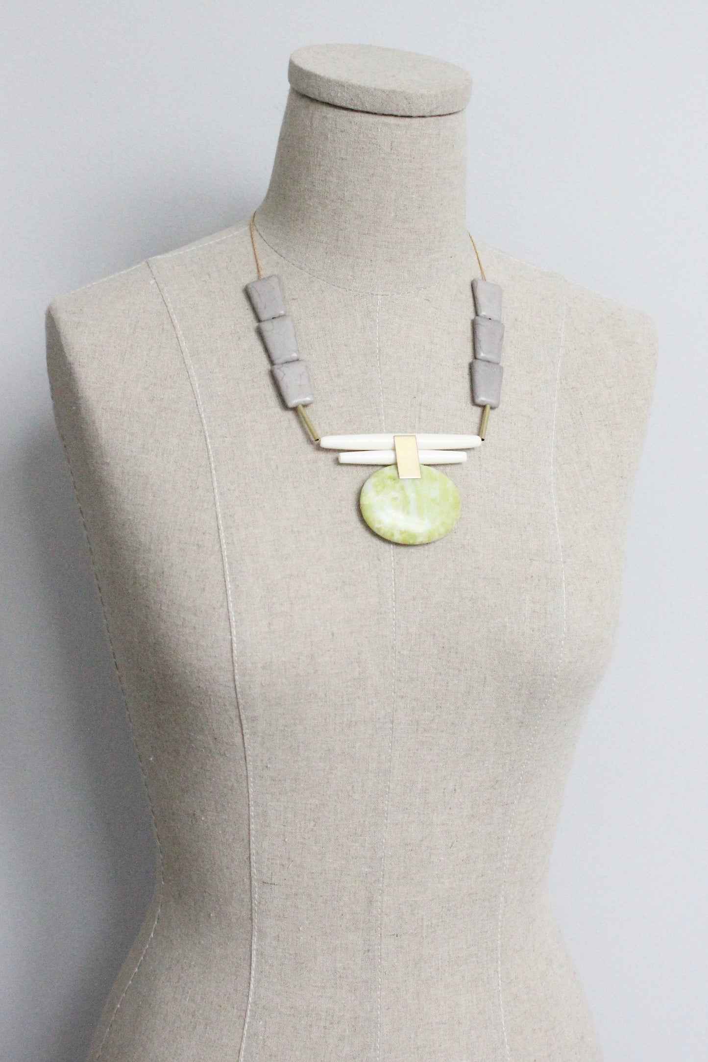 MLN620 Lemon jade and gray pendant Artdeco necklace