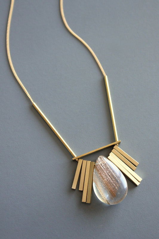 MLN716 Quartz and brass Artdeco necklace