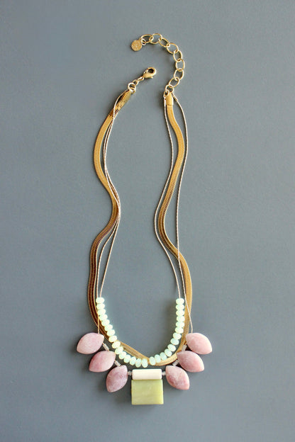 MLN816 Triple strand rhodochrosite and jade with snake chain necklace