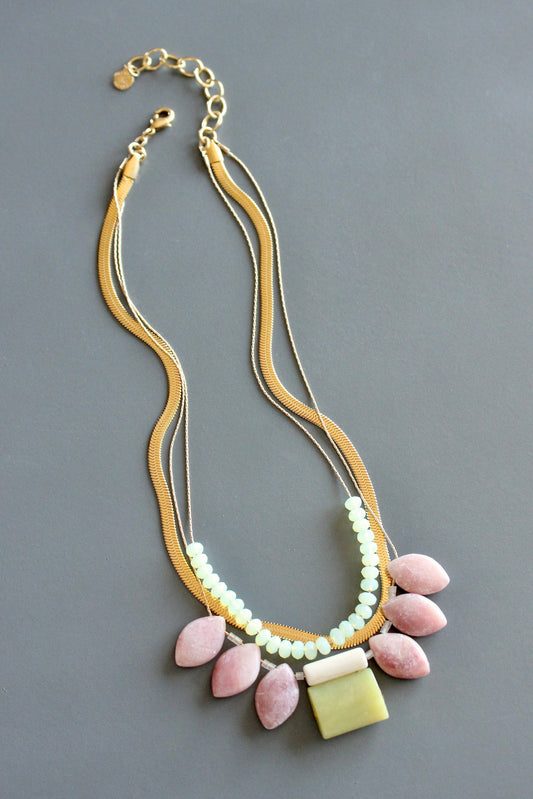 MLN816 Triple strand rhodochrosite and jade with snake chain necklace