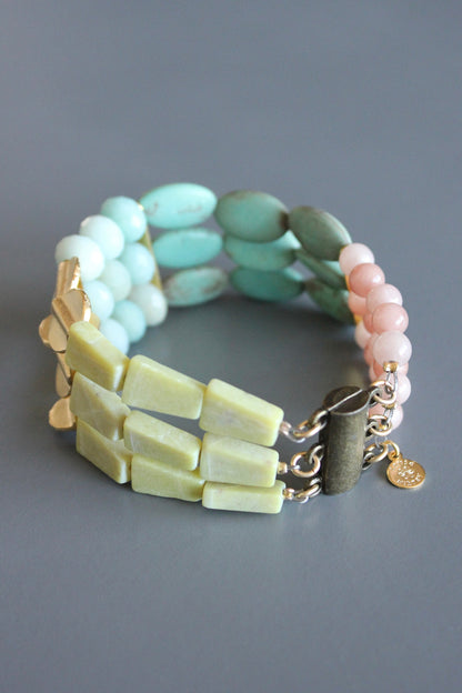 MLNB07 Blush pink, turquoise, and yellow jade bracelet