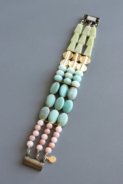 MLNB07 Blush pink, turquoise, and yellow jade bracelet