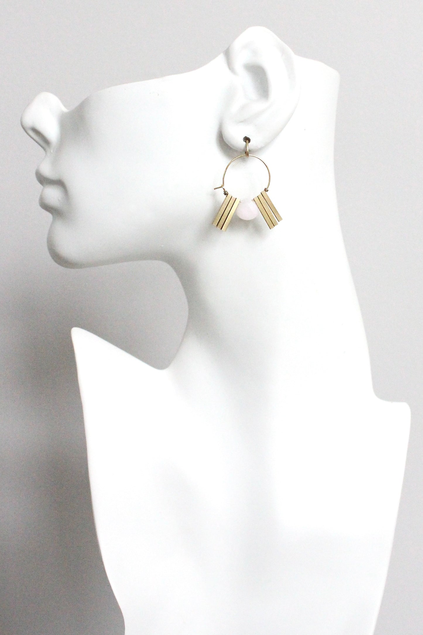 MLNE01 Pink jade and brass Artdeco  mini hoops