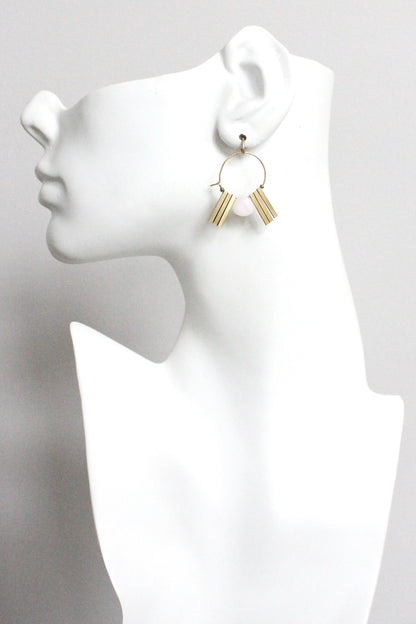 MLNE01 Pink jade and brass Artdeco  mini hoops