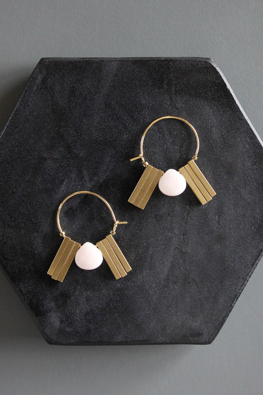 MLNE01 Pink jade and brass Artdeco  mini hoops