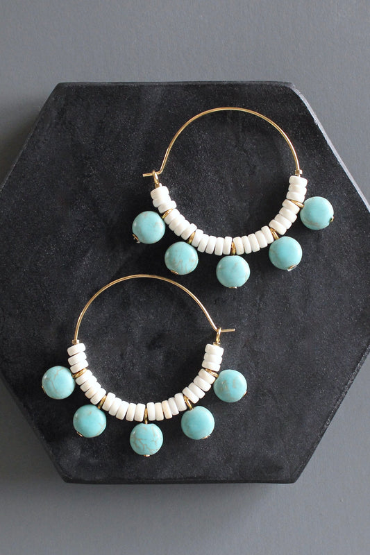 MLNE09 Turquoise and white hoop earrings